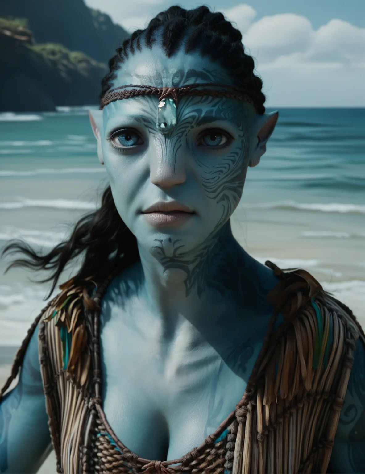 ((Solo)), 1girl, blue skin, looking at the viewer, frontal view, portrait, blue eyes, beach background, cleavage, frontal pose, tattoos <lora:Taunui_Tsàhik:0.8> taunui_tsahik, score_9, score_8_up, score_7_up, score_6_up