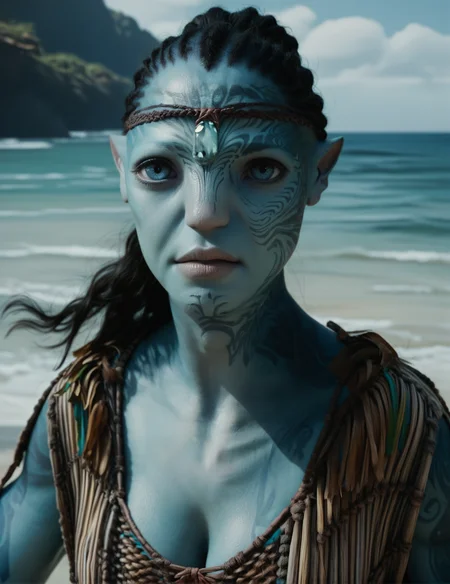 ((Solo)), 1girl, blue skin, looking at the viewer, frontal view, portrait, blue eyes, beach background, cleavage, frontal pose, tattoos <lora:Taunui_Tsàhik:0.8> taunui_tsahik, score_9, score_8_up, score_7_up, score_6_up