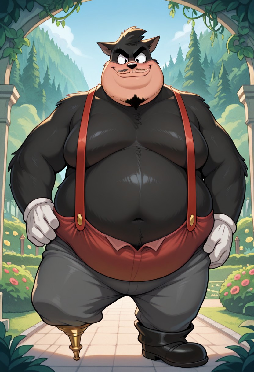 masterpiece,best quality,amazing quality,1boy, solo, p3t3, peg leg, black boot, white gloves, furry male, facial hair, pants, red suspenders,
Looking at the viewer,, Big pecs, belly , fat man, garden scenary,  black fur, smile,