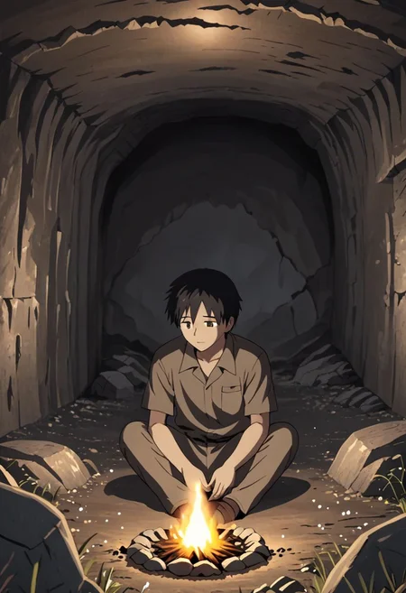 high resolution, solo, best quality, 1Boy, Takaki Toono, Brownish Hair, Brown Eyes, inside a cave, bunker, field Ration, bonfire, OverallDetail