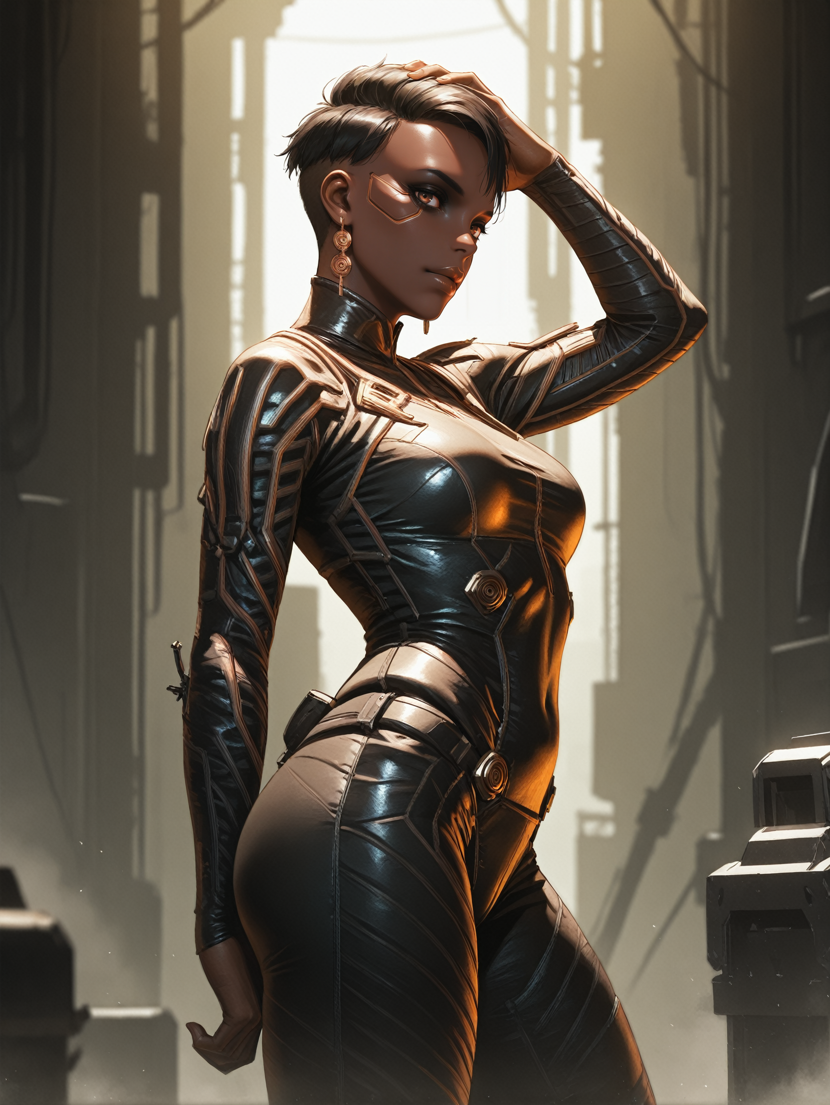 masterpiece, best quality, absurdres,
<lora:ILCyberMamanBrigitte:1.0>
CyberMamanBrigitte, 1girl, dark skin, short hair, black hair, brown eyes, looking at viewer, standing, one hand resting above the head, hips slightly turned, side view