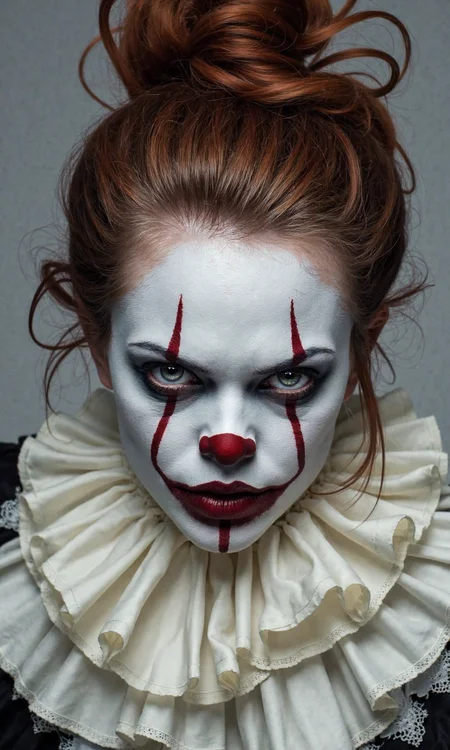 A high-resolution studio portrait photograph in the style of Alessio Albi, capturing a female interpretation of the character Pennywise. The woman has striking light grey eyes that gaze intensely towards the viewer. Her face is covered in smooth white clown makeup, contrasted by heavy, smudged black makeup around her eyes and sharp red lines extending upwards from the corners of her dark red lips, passing through her eyes, and ending near the hairline. A small red clown nose sits prominently. Her voluminous, slightly messy reddish-brown hair is styled in a high updo. She wears an off-white, ruffled vintage-style blouse with delicate lace details and hints of black feathery elements near the high collar. The lighting is soft and diffused, likely from a large softbox, creating subtle shadows that define her features against a plain, light grey background. The focus is sharp on her face, particularly her eyes, with a shallow depth of field gently blurring the edges of her hair and costume. The overall mood is unsettling yet captivating, blending horror elements with portrait beauty., <lora:Laura H. Rubin:0.35> By Laura H. Rubin