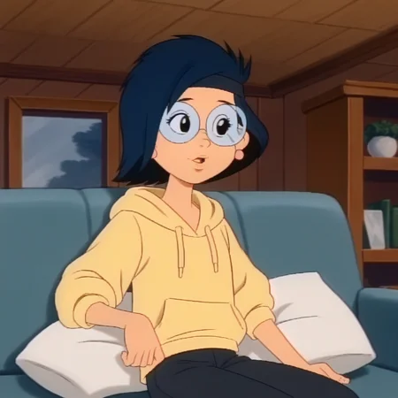 score_7_up, BREAK, annie, 1girl, solo, short hair, blue hair, black eyes, headband, glasses, earrings, <lora:Annie_MPM_PXL_Leaf2:1>, yellow hoodie, black pants, on couch, indoors, living room,