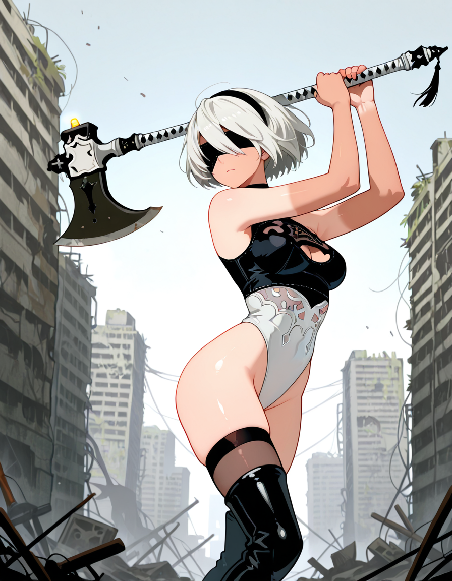 masterpiece,best quality,highres illustration,detailed face,1girl,cowboy shot,looking away,<lora:nb_tanlines_ILv2:1.2>,tanlines,2b \(nier:automata\),leotard,dynamic pose,serious,eyepatch,no eyes,sleeveless,knee boots,holding huge axe,abandoned city,sky,effects,battle,