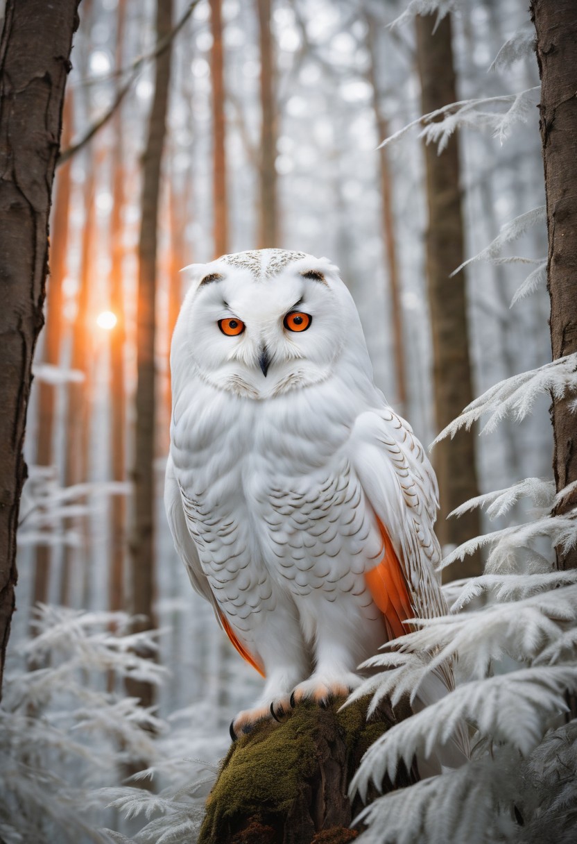 A mystical magazine cover showcasing a white owl with glowing orange feathers, perched in a completely white, ethereal forest. The radiant feathers stand out against the pristine background, adding a magical and surreal element to the scene. Exotic and surrealistic animal photo, captured with a Canon EOS R5, RF 50mm f/1.2L USM lens.