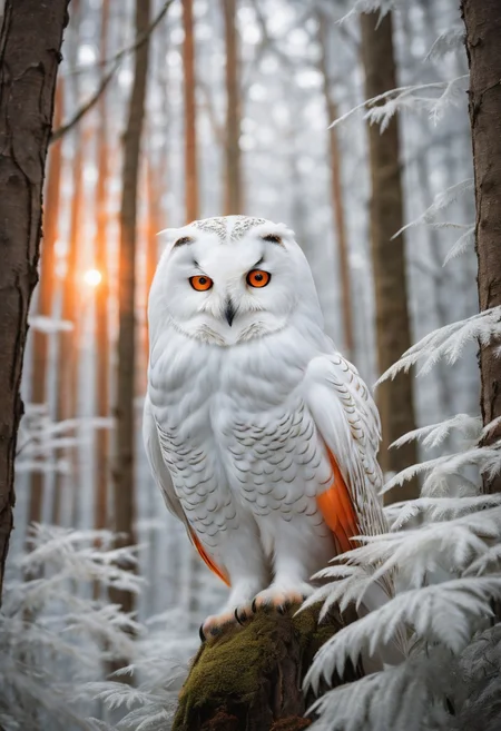 A mystical magazine cover showcasing a white owl with glowing orange feathers, perched in a completely white, ethereal forest. The radiant feathers stand out against the pristine background, adding a magical and surreal element to the scene. Exotic and surrealistic animal photo, captured with a Canon EOS R5, RF 50mm f/1.2L USM lens.