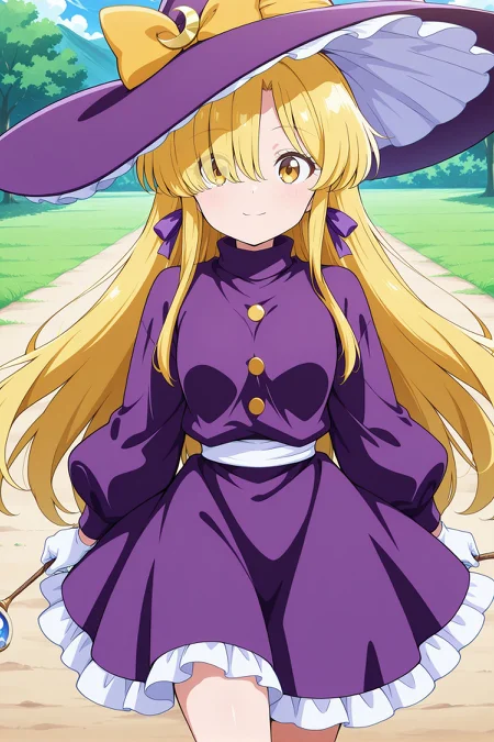 absurdres, highres, masterpiece, best quality, amazing quality, official anime artwork, screencap, anime screencap, outdoors, looking at viewer, light smile, dynamic pose,
<lora:Marisa-Kirisame-PC98_Illustrious:1> Marisa98, 1girl, solo, yellow eyes, blonde hair hair, long hair, hair over one eye, sidelocks, small breasts,, witch hat, purple hat, hat bow, yellow bow, hat ornament, frilled hat, crescent hat ornament, hair ribbon, purple ribbon, purple turtleneck, purple dress, frilled skirt, puffy long sleeves, yellow buttons, white gloves, white sash,
holding wand, kirisame marisa (pc-98),