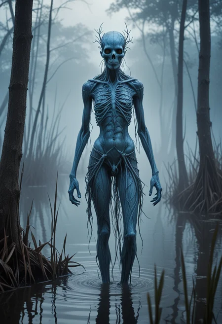 (medium full shot) of (eerie hybrid creature) with translucent blue skin, bark-like skin, leafy hands, elongated skull, tail, ethereal glow, ethereal wisps, in set in a misty swamp, where twisted trees rise from murky waters, their roots tangled in dense patches of reeds and cattails, shrouded in an ethereal fog, during twilight, Masterpiece,best quality, photo, realistic, very aesthetic, detailed face,