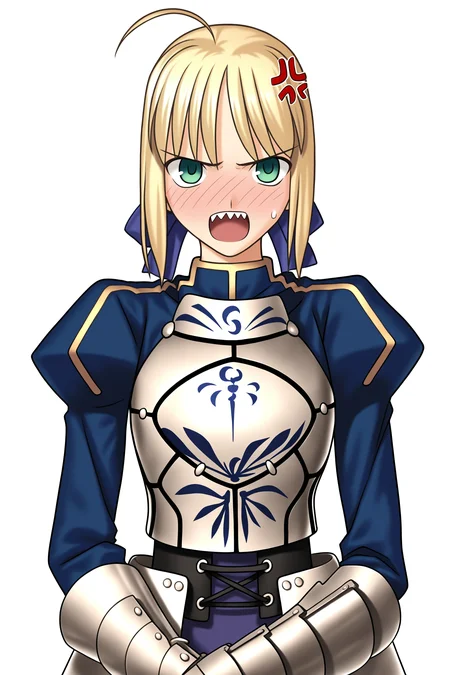 fatesnha, oekaki, artoria pendragon (fate), saber (fate), 1girl, solo, blonde hair, green eyes, ahoge,  long sleeves, dress, ribbon, hair ribbon, looking at viewer, puffy sleeves, armor, juliet sleeves, gauntlets, armored dress, faulds, looking at viewer, open mouth, sharp teeth, anger vein, angry, simple background, white background, upper body, parody, straight-on, blush, sweatdrop, embarrassed, standing, 
(masterpiece, best quality, absurdres, highres, newest, very awa:1.2), 