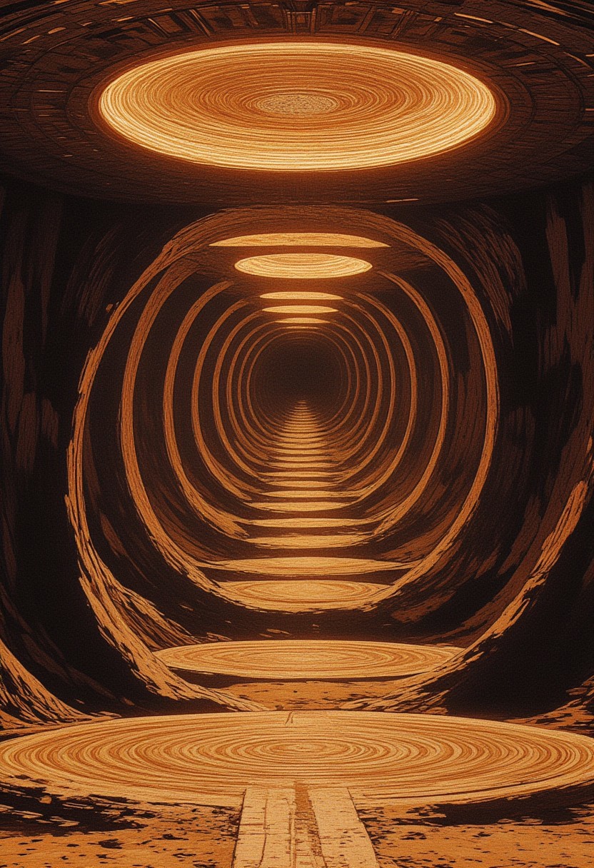 Masterpiece, best quality, surreal and mesmerizing, an endless series of circular pathways etched into the ground, each circle nested perfectly within the next, extending infinitely into the horizon. The pathways are illuminated by a soft, golden glow, with intricate, geometric patterns carved into their surfaces, blending ancient and futuristic designs. Subtle gradients of light ripple outward from the center, creating a hypnotic effect, while shadows from an unseen light source add depth and contrast. The surrounding environment is an endless, smooth plain shrouded in a faint, ethereal mist, with the circles fading seamlessly into infinity, evoking a sense of boundlessness and eternal symmetry.
