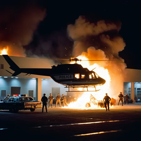 cinematic film still of <lora:add-detail-xl:1>
<lora:detailed:0.3>
<lora:perfection style:0.3>
<lora:xl_more_art-full_v1:0.3>
<lora:Lethal Weapon film style:0.9>
a police helicopter flying over a building with a fire in the background at night,outdoors,multiple boys,military,ground vehicle,building,scenery,motor vehicle,smoke,6+boys,aircraft,car,airplane,vehicle focus,lights,truck , cinematic, film, 1980's, kodak, action themed, Lethal Weapon film style, shallow depth of field, vignette, highly detailed, high budget, bokeh, cinemascope, moody, epic, gorgeous, film grain, grainy
