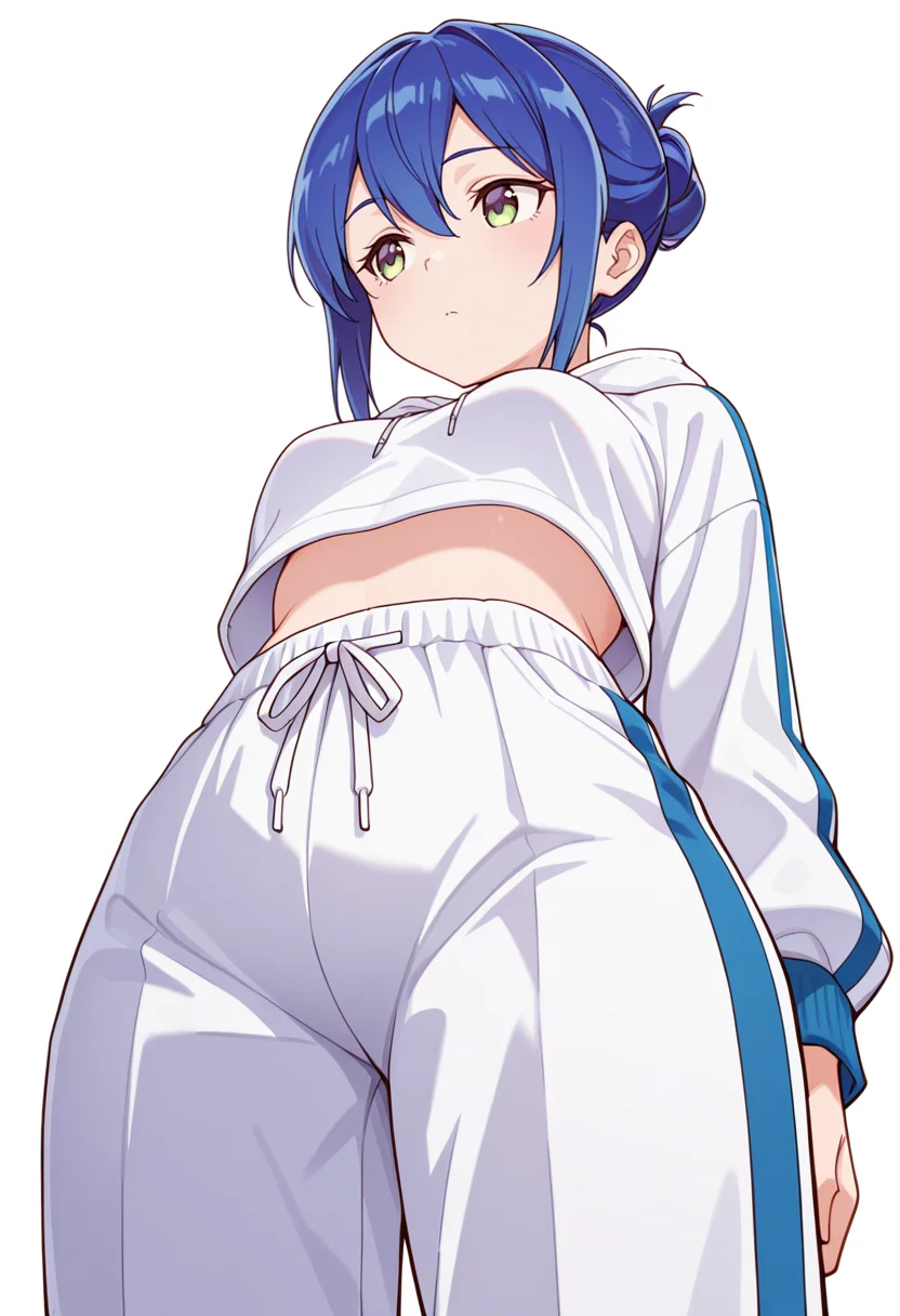 masterpiece,high quality details,absurdres,
<lora:Mamiya_Kanoko:0.8>
kanoko_cnr, 1girl, blue hair,hair between eyes, sidelocks, single hair bun,, simple background, white background, from below,solo,, d:,, gym shirt,cropped hoodie ,pleated pants, ,checkered legwear,