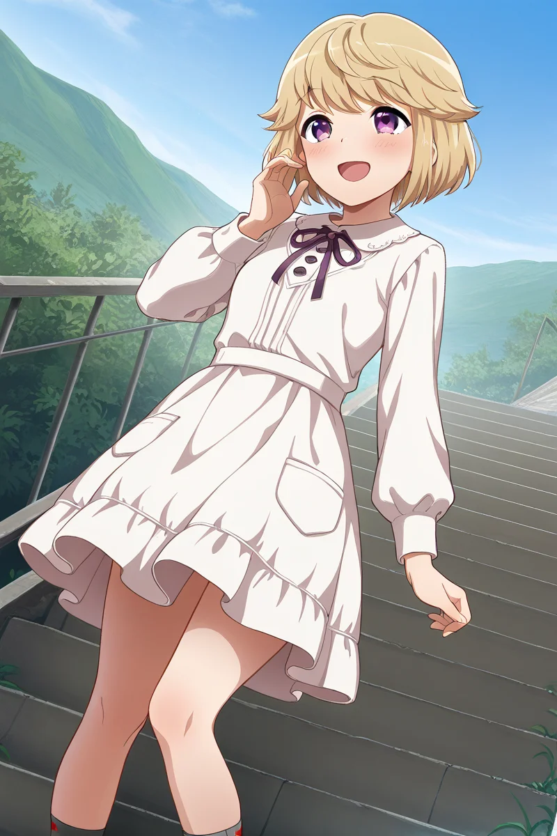 masterpiece, best quality, amazing quality,
<lora:Ryoko_IL:1> ryoko, 1girl, solo, blonde hair, outdoors, open mouth, smile, purple eyes, dress, short hair, blush, day, :d, long sleeves, white dress, socks, dutch angle, sky, stairs, neck ribbon, bangs, standing, shirt, ribbon