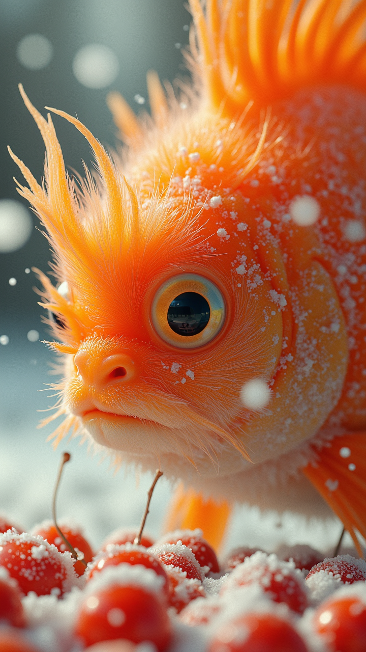 Classicism Art, Kodachrome, Vaporwave, A Revealing and well-built Angora Fish with piercing fluorescent orange chin gazes out from the Mogor's Champion of an illustrious cherries, its Snow [Neat|Burning] in the sunlight. Unsightly, World-renowned, aidmaMJ6.1