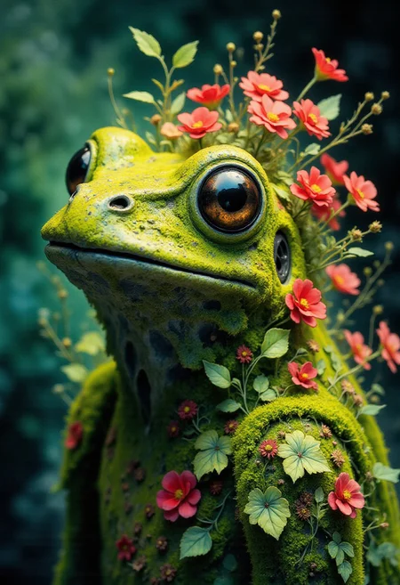 masterpiece, best quality, A hyper-realistic Close up shot of a figure completely made of grass and red flowers in frog form, full body zoomed in, ultra sharp focus photo, 3d render, architecture, dark fantasy, vibrant (photography, high-resolution, dynamic, energetic,hyper-realistic, dramatic lighting, shallow depth of field.), dramatic lights, Cinematic, beautiful, vibrant, masterpiece, 32k, ultra HD, ultra-detailed, amazing quality, amazing artist, sharp edges, detailed textures, full view, atmospheric lighting, amazing visuals