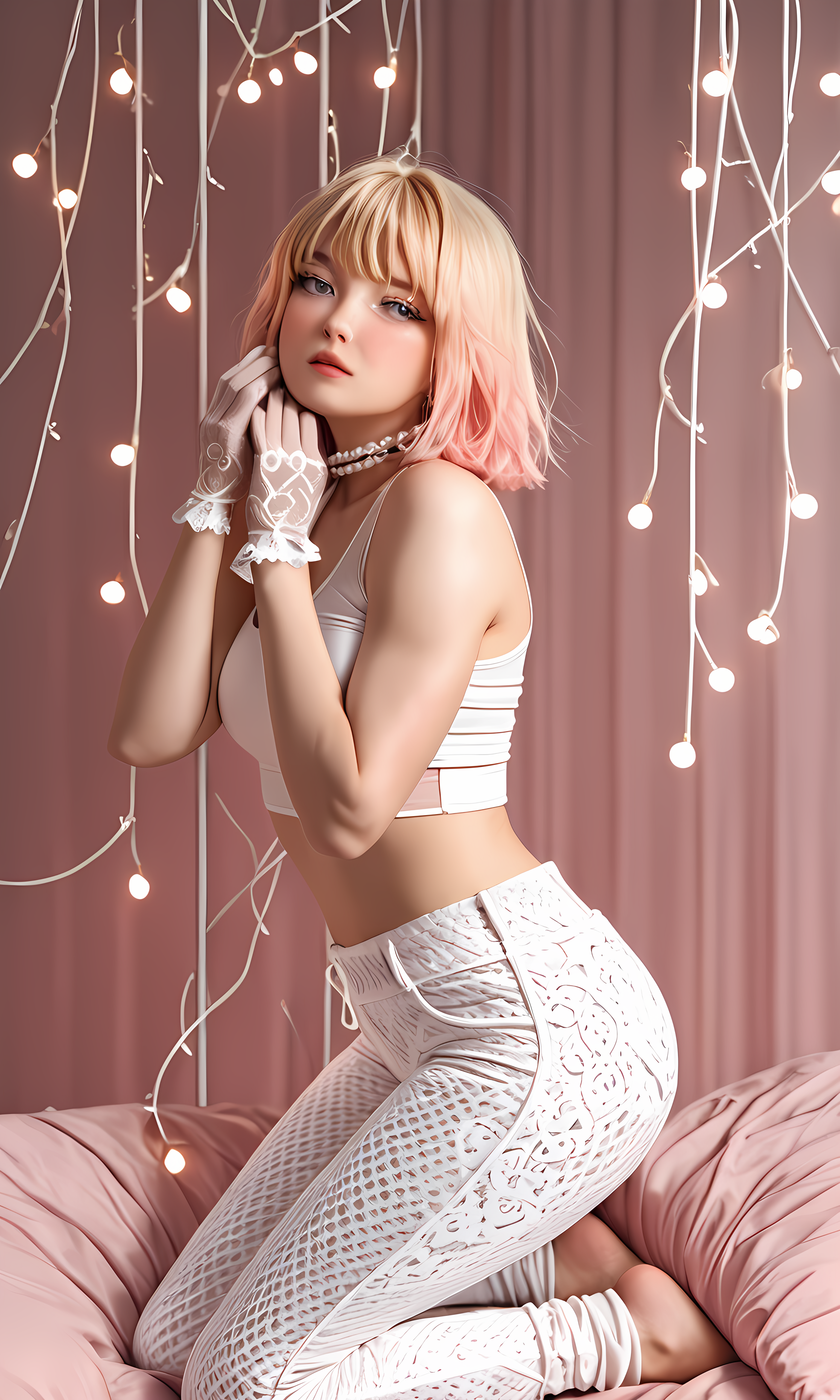 1girl, solo, Athletic with a tight, shapely rear and defined arms, tight crop top and ripped jeans, natural look with soft pink tones, soft sadness with downcast eyes, kneeling with head tilted, lace gloves and pearl choker, Confident and commanding, beneath fairy lights in a boho garden, NSFW details emphasized, 8K, cinematic lighting, ultra-detailed