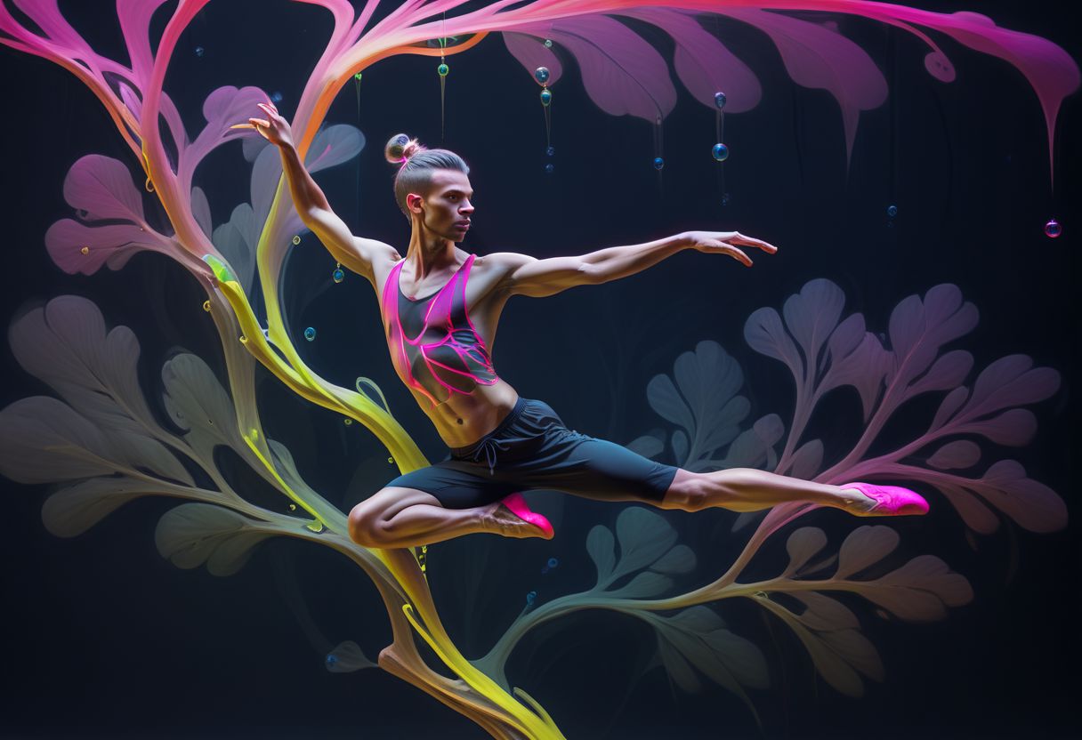 arttrdrm, Roots, Leaves, Trunk, Branches, male  modern hip hop ballet, dancer in the dark with bubbles, neon highlights, motion photography, time lapse. Structured and layered geometries, sharp, hot pink, lazy lime,  ocher