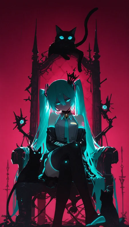 masterpiece, best quality, good quality, very awa, newest, highres, absurdres, hatsune miku, 1girl, solo, long hair, hair between eyes, bare shoulders, very long hair, twintails, aqua eyes, zettai ryouiki,aqua hair,
looking at viewer, sitting, glaring, Head down,
shirt, skirt, hair ornament, thighhighs, necktie, detached sleeves, sleeveless, black thighhighs, black skirt, collar, sleeveless shirt, bell, glowing, crossed legs, crown, grey shirt, glowing eyes, neck bell, serious, mini crown, black cat, aqua necktie, throne, backlit, backlightingï¼
detailed background, red background, xxx667_illu, Little_netizen, disdainful eyes <lora:illustriousXL_stabilizer_v1.23:0.3> <lora:NOOB_vp1_detailer_by_volnovik_v1:0.3> <lora:ponyv6_noobE11_2_adamW-000017:0.3> <lora:WSSKX_WAI:0.4> <lora:XXX667:0.55> <lora:backlitILL:0.6> <lora:namukijpg_ill:0.75>