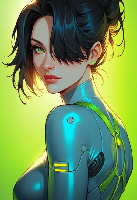 score_9, score_8_up, score_7_up,
source_cartoon, 2d,
<lora:DetailedEyes_last:1>, green eyes,
high quality, , solo, Tron style, Quorra (Tron: Legacy), black hair, hair over one eye, bodysuit, neon trim, arm gloves, latex bodysuit, TRON suit, large breasts, Round Breasts, (close up:1.2)