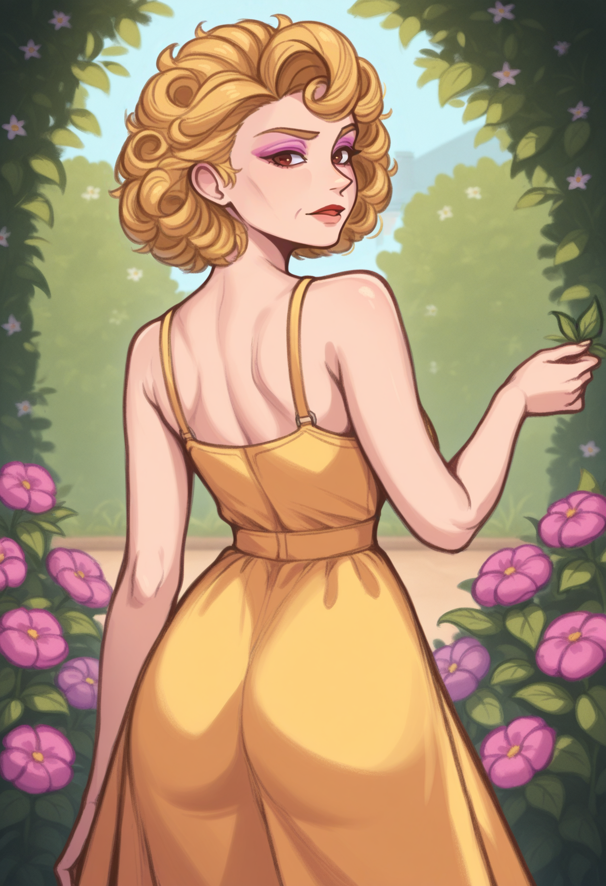 masterpiece, best quality, 1girl, solo, <lora:NSPamStardew:1> NSPamStardew, brown eyes, curly hair, short hair, blonde hair, lipstick, pink eyeshadow, yellow sundress, from behind, looking back, garden, flowers
