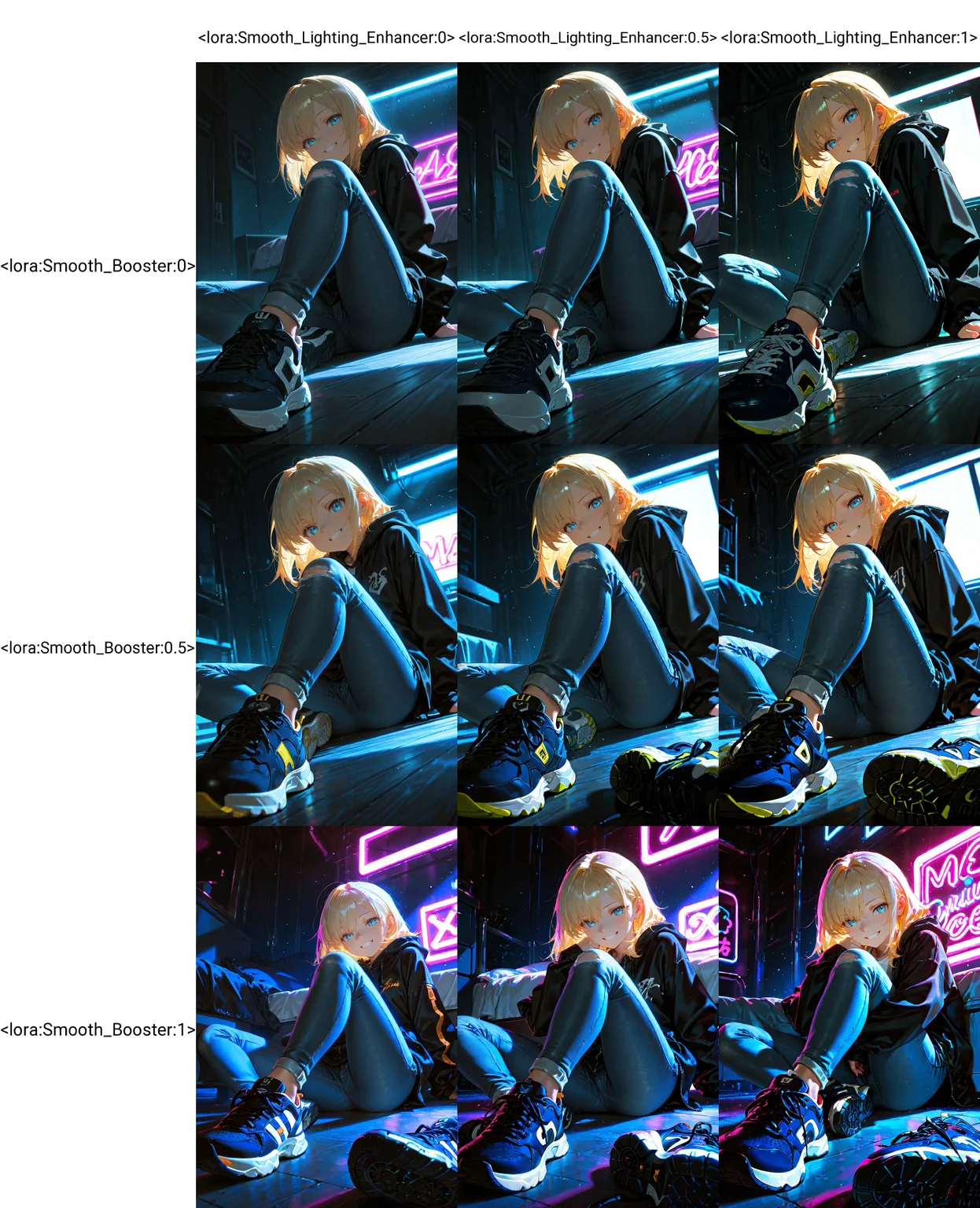 Smooth Quality, 1girl, blonde hair, blue eyes, blue jeans, black hooded jacket, sneakers, bedroom, on floor, neon lights, grin, (dark background:1.1) <lora:Smooth_Lighting_Enhancer:0> <lora:Smooth_Booster:0>