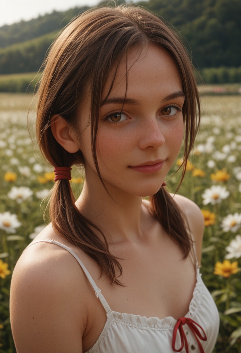 score_9_up, score_8_up, score_7_up, score_6_up, 1girl, 25 years old, perfect face, sexy, (adult:1.2),
(three quarter view), detailed face, portrait, face focus, depth of field, looking at viewer, blush, shy smile, close up,
brown eyes, 
long hair, twintails, low twintails, short twintails, brown hair, sidelocks, hair between eyes, hair ribbon, red ribbon, 
white camisole, frilled camisole, 
flower field, field,