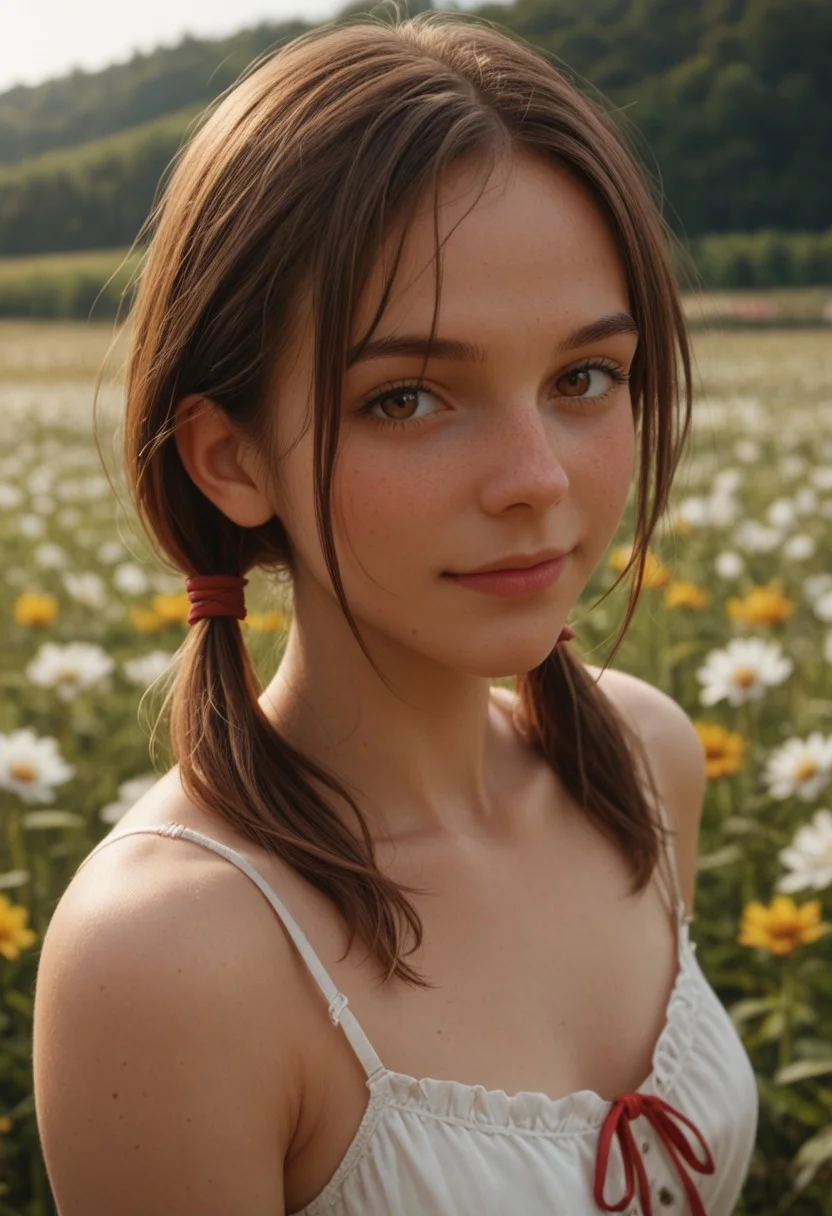 score_9_up, score_8_up, score_7_up, score_6_up, 1girl, 25 years old, perfect face, sexy, (adult:1.2),
(three quarter view), detailed face, portrait, face focus, depth of field, looking at viewer, blush, shy smile, close up,
brown eyes,
long hair, twintails, low twintails, short twintails, brown hair, sidelocks, hair between eyes, hair ribbon, red ribbon,
white camisole, frilled camisole,
flower field, field,