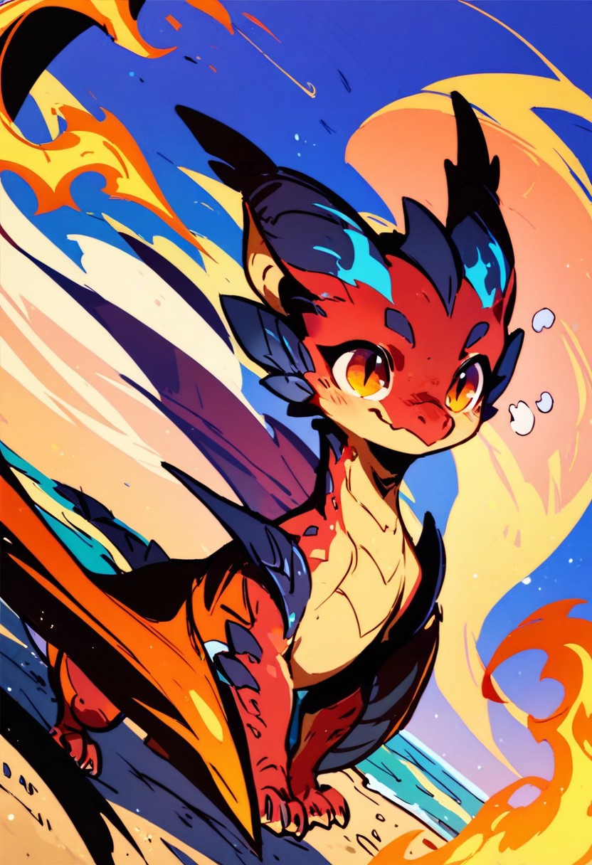 score_9, score_8_up, score_7_up,( no lineart:1.4),( flat color:1.5),
a cute dragon, a cute dragon is playing on beach, breathing fire, feral