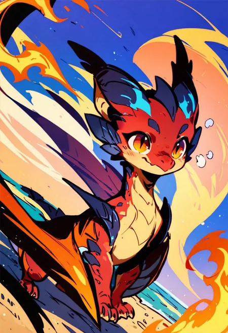 score_9, score_8_up, score_7_up,( no lineart:1.4),( flat color:1.5),
a cute dragon, a cute dragon is playing on beach, breathing fire, feral