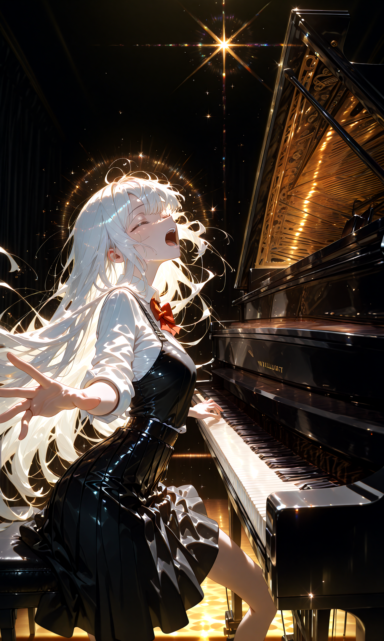 masterpiece, best quality, amazing quality, very aesthetic, absurdres,  newest,
concert hall black background,glitch,sparkle,backlighting,penlight 
1girl,long hair,facelight,shirt,bowtie white hair , open mouth screaming closed eyes  arched back pov 
standing,(from side:1.5) very close-up (upper body:0.71) (playing piano,:1.5) outstretched arms, from below 
looking_at_viewer,perspective panorama audience fisheye vanishing point, 
{{best_quality}},{{amazing_quality,very_aesthetic}},
masterpiece, best quality, amazing quality, very aesthetic, absurdres,  newest, volumetric lighting,<lora:spo_sdxl_10ep_4k-data_lora_webui:1> <lora:KonyaKarasue-Lokr-NOOBEPS110:1> <lora:holographiccolor:0.75> <lora:USNR STYLE_XL_loha:0.15> <lora:xmc_v0.3_noobai_cwhj:0.715> <lora:VenetianLightingILL:0.75>
