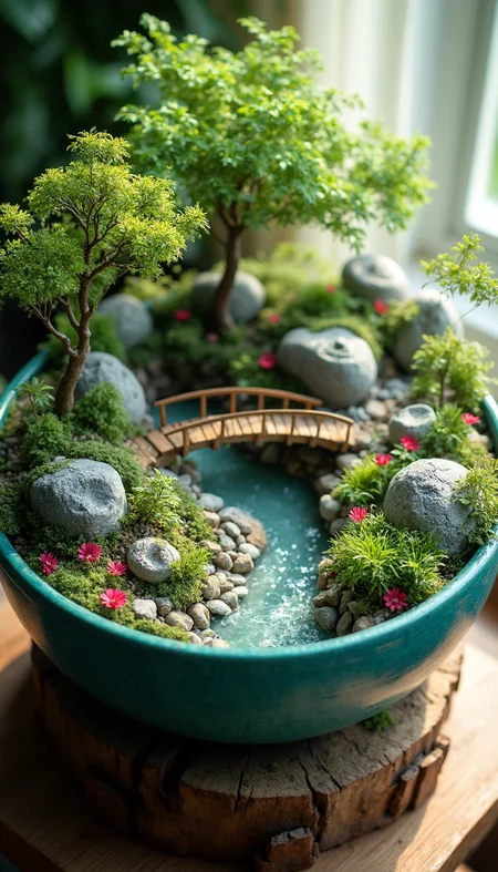This is a professional photograph of a meticulously crafted miniature garden scene inside a large, round, teal ceramic bowl. The bowl is placed on a rustic wooden stand, which adds a natural, earthy texture. The garden features lush, green plants and small trees with delicate, leafy branches that create a serene, natural landscape. Two small, intricately designed wooden bridges span a narrow, winding stream that runs through the center of the bowl, adding a touch of whimsy and depth. The stream's water is a clear, blue-green, and its surface is gently rippling, indicating a small, continuous flow.
Surrounding the stream are smooth, gray rocks, some with moss, and tiny, pink flowers adding vibrant color and texture. The background of the bowl includes a mix of larger rocks and more plants, enhancing the depth and realism of the miniature environment. The setting is illuminated by soft, natural light, likely from a nearby window, which creates a warm, inviting atmosphere. The overall style is a blend of realism and fantasy, with a focus on detail and natural elements, making the scene both captivating and tranquil.