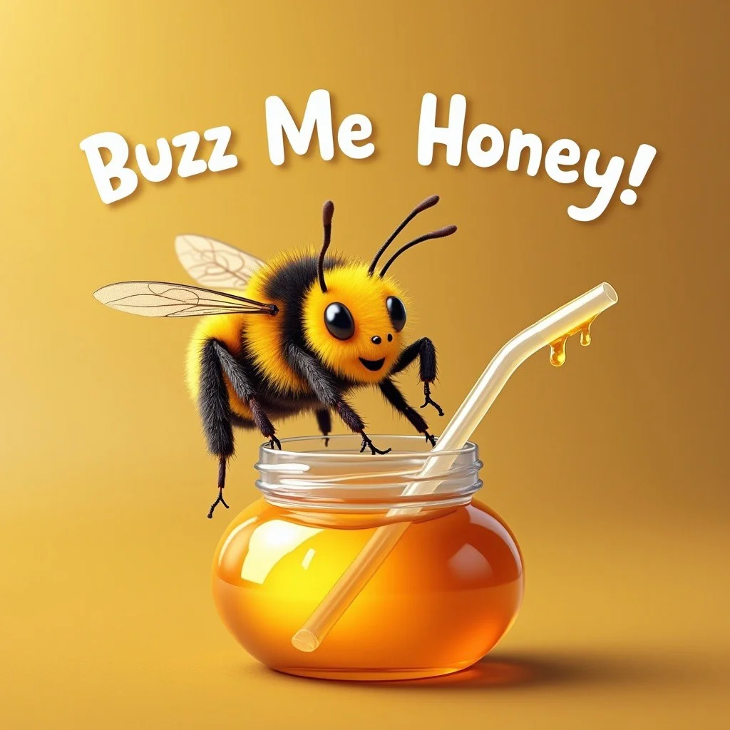 realistic, a honey bee, sipping honey using a plasitc straw, the straw that is in a jar full of honey.
Text: Buzz Me Honey!