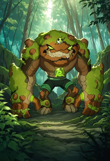 masterpiece, best quality, amazing quality, very aesthetic, absurdres, newest,, detailed background, 
 movie scene, cinematic scene, cinematic, 
gravitack, crooked teeth, 1boy, armor, monster, green eyes, solo, massive arms, big hands,
moss growing, dynamic pose, moss growing on skin, vegetation, stone skin, in forest, jungle, behind trees, smile, green veins,  brown skin