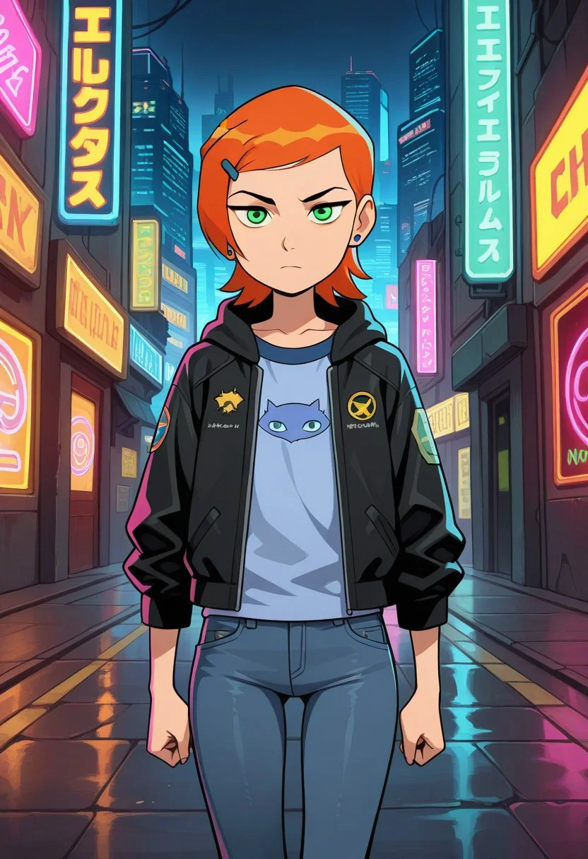 masterpiece, best quality, amazing quality,
1girl, solo,
Gwendolyn Tennyson, (green eyes:1.2),
Serious,
Jeans, Black Letter Jacket,
Cyberpunk, Cyberpunk City, Neon Lights,