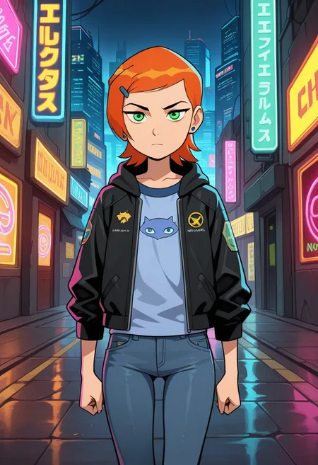 masterpiece, best quality, amazing quality,
1girl, solo,
Gwendolyn Tennyson, (green eyes:1.2),
Serious,
Jeans, Black Letter Jacket,
Cyberpunk, Cyberpunk City, Neon Lights,