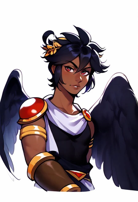 score_9, score_8_up, score_7_up, ExpresHGothicNeonIncase, masterpiece, solo, 1boy, mature man, adult, pitt, black hair, red eyes, black wings, (dark skin), black angel wings, laurel crown, bracer, looking at viewer, upper body shot