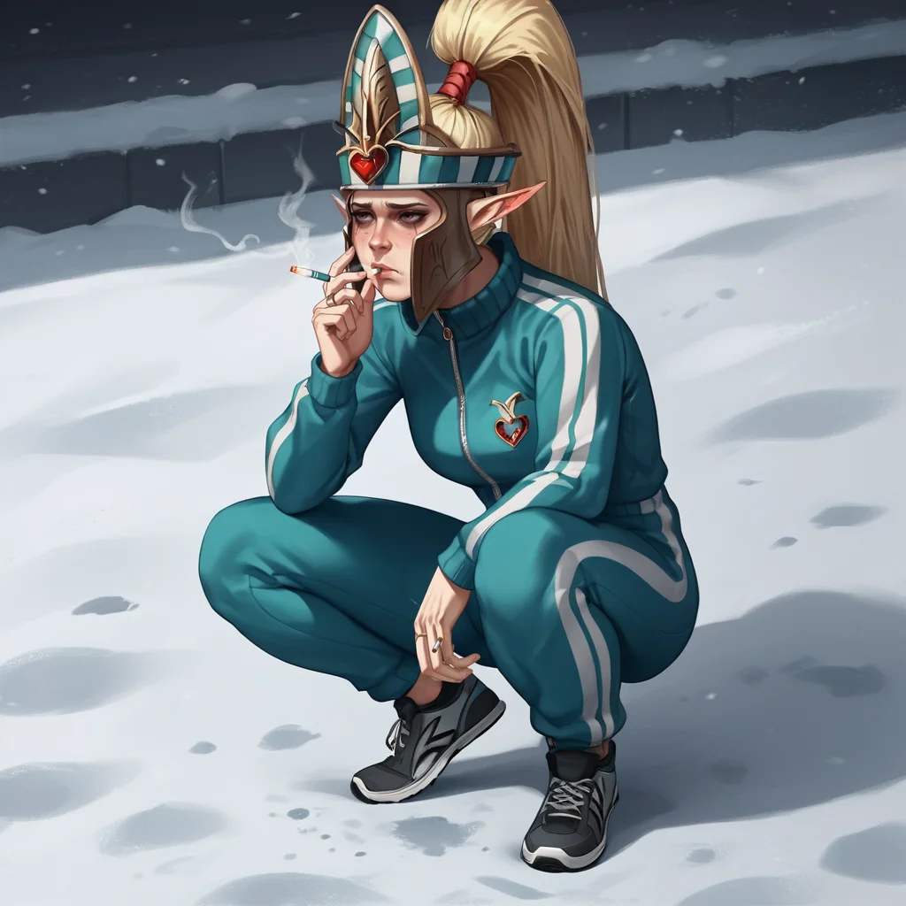 score_9, score_8_up, score_7_up, source_cartoon, rating_safe,
hat, helmet, heart motif, bridal gauntlets, elf,
tracksuit, squatting, vodka bottle, cigarette, depressed, snowy street,
Alarielle,
<lora:Alarielle_PonyXL:1>
