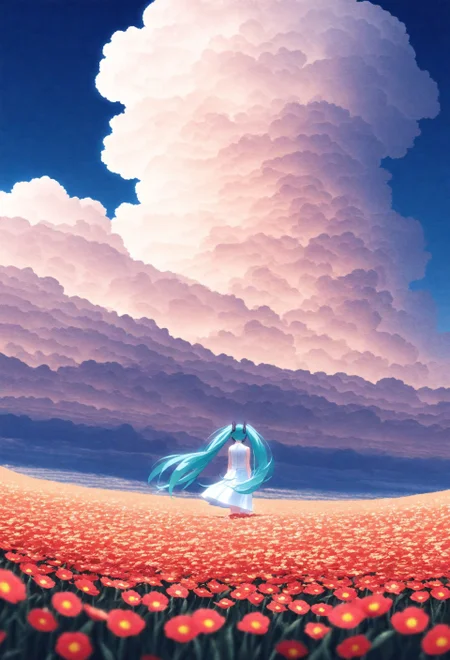 1girl, hatsune miku, detailed face, long twintails, aqua hair, peaceful expression, standing in flower field, sunlight through clouds, gentle breeze, detailed lighting, masterpiece, best quality, intricate details, modern anime style, soft lighting, depth of field, newest style