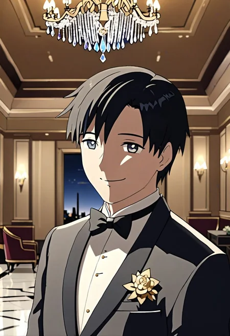 Highres, Masterpiece, High Quality, 4K, 8K, solo, 1Boy, Takaki Toono, adult, black hair, short hair, ballroom, luxury hotel, luxury room, marble floor, crystal chandelier, classic ornaments, tuxedo, smile, musterius, classy, confident, rich, easynegative, detailed_eye_model