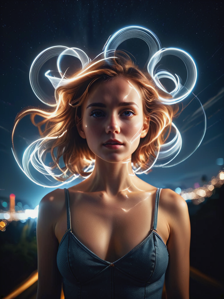 ral-exposure, cinematic photo Photographer Martin Kimbell Style - a long exposure photo of a woman bust formation with a light trail in the sky, 35mm photograph, film, bokeh, professional, 4k, highly detailed <lora:ral-exposure-sdxl:1>