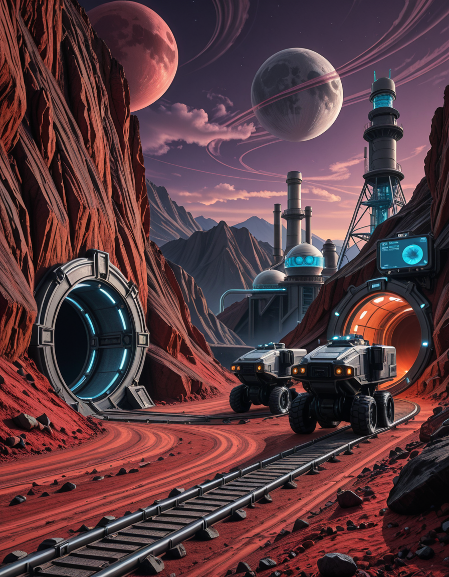 A futuristic mining outpost on a distant, rocky planet with a harsh, alien landscape. The mine entrance is a massive, reinforced metal tunnel carved into the side of a jagged, dark-red mountain. Advanced, glowing blue energy lights line the entrance, illuminating the metallic tracks that lead deep underground. Large, heavily-armored mining vehicles with mechanical arms and drills are stationed nearby, extracting rare minerals from the rock. The ground is covered in fine, reddish dust, kicked up by the movement of autonomous robotic drones that transport ore to a towering industrial refinery in the background. The sky is a deep, dark purple with swirling clouds and two distant moons casting a cold, eerie glow. In the distance, futuristic habitation domes with transparent walls house workers in protective exosuits, their silhouettes visible inside. A neon-lit control tower monitors operations, its holographic screens displaying real-time data. The atmosphere is both desolate and technologically advanced, evoking a sense of exploration and survival on the edge of the galaxy.
<lora:SDXLFaeTastic2400:0.4> <lora:extremely_detailed:0.4> extremely detailed,futuristic mining 0utp0st, <lora:futuristic_mining_0utp0st-i:1>, Masterpiece,best quality,hi res,8k,hi res,8k,award winning,(sharp focus, intricate, highly detailed),