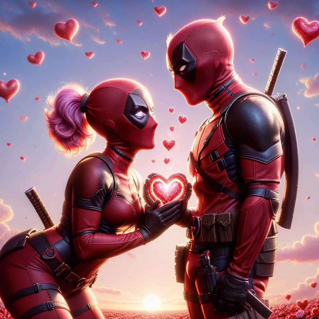 a highly detailed digital pastel painting of ((a cartoon lady deadpool proposing to a lady deadpool, ral-vltne style, hearts in the air, love)), mid shot, sunlight reflecting, close-up, intricate, volumetric lighting, masterpiece, best quality