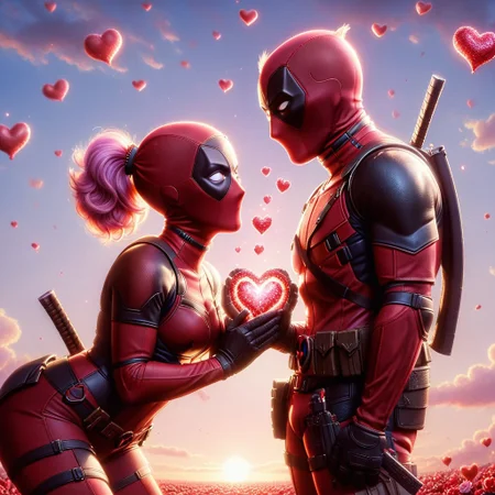 a highly detailed digital pastel painting of ((a cartoon lady deadpool proposing to a lady deadpool, ral-vltne style, hearts in the air, love)), mid shot, sunlight reflecting, close-up, intricate, volumetric lighting, masterpiece, best quality