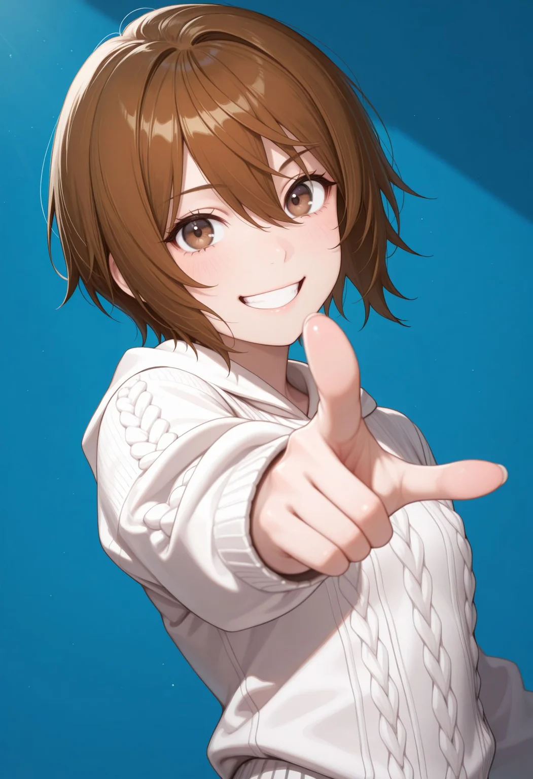 masterpiece,best quality,absurdres,highres,very aesthetic,high quality,detailed,insanely detailed,beautiful,perfect lighting, looking at viewer, smile, grin,
, pointing at viewer, , open mouth, looking at viewer, smile, hair between eyes,, blue background,, upper body
<lora:Kinuhata Saia illu:1> 1girl, short hair, brown hair, brown eyes, white sweater, aran sweater, white mini skirt,