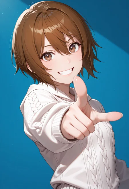 masterpiece,best quality,absurdres,highres,very aesthetic,high quality,detailed,insanely detailed,beautiful,perfect lighting, looking at viewer, smile, grin,
, pointing at viewer, , open mouth, looking at viewer, smile, hair between eyes,, blue background,, upper body
<lora:Kinuhata Saia illu:1> 1girl, short hair, brown hair, brown eyes, white sweater, aran sweater, white mini skirt,