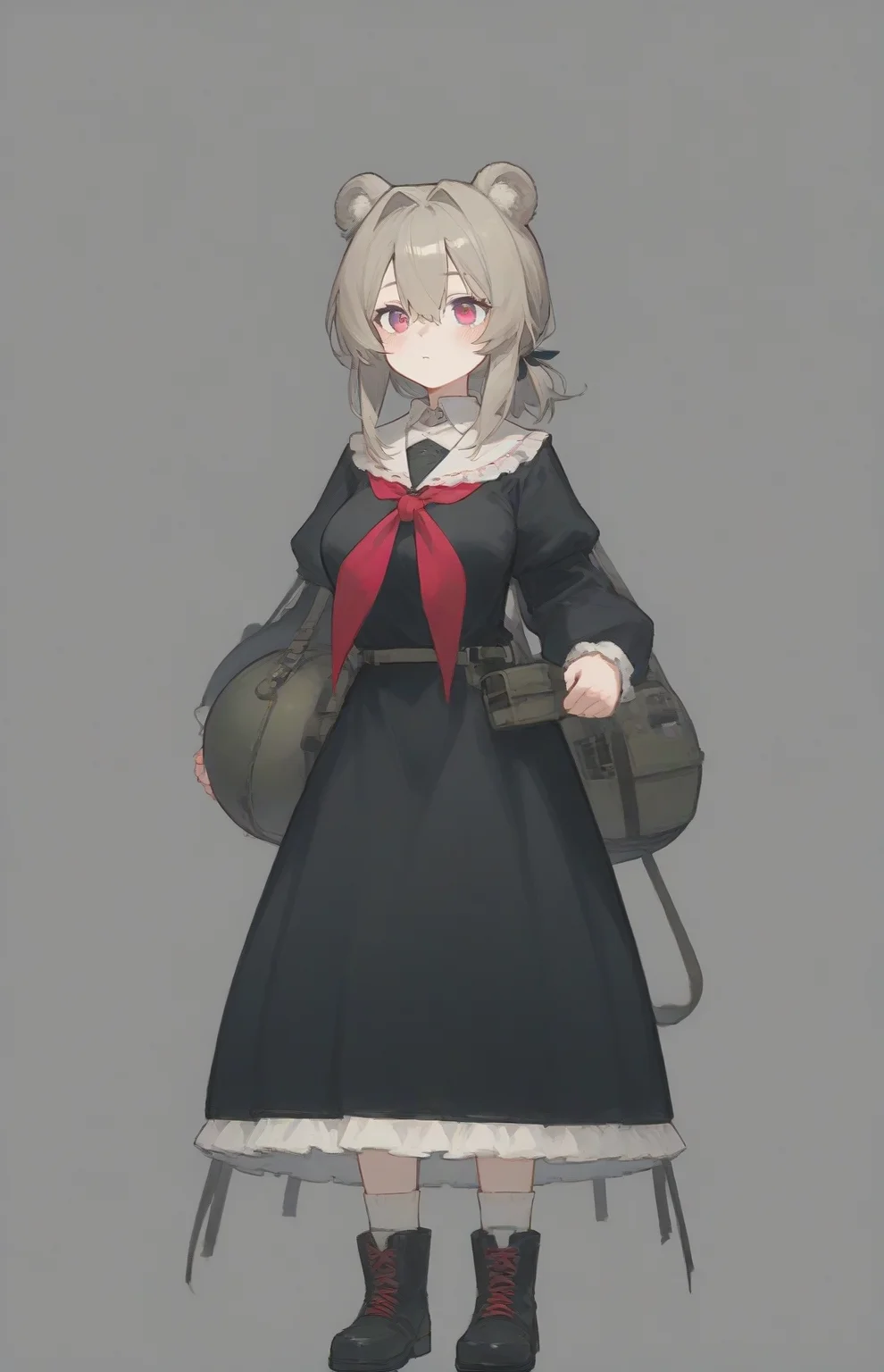 score_9,score_8_up,score_7_up,1girl,solo,light_blush,
<lora:Abstinthe-Pony-07:0.8>,
abstinthe-base,animal ears,bear ears,pink eyes,short hair,brown hair,grey hair,bear girl,hair between eyes,short ponytail,large breasts,very long sidelocks,hair intakes,over shoulder,(long front hair:1.4),
black dress,black footwear,boots,dress,long sleeves,neckerchief,official alternate costume,red neckerchief,white socks,white collar,puffy sleeves,frilled_dress,
simple background,standing,holding helmet,