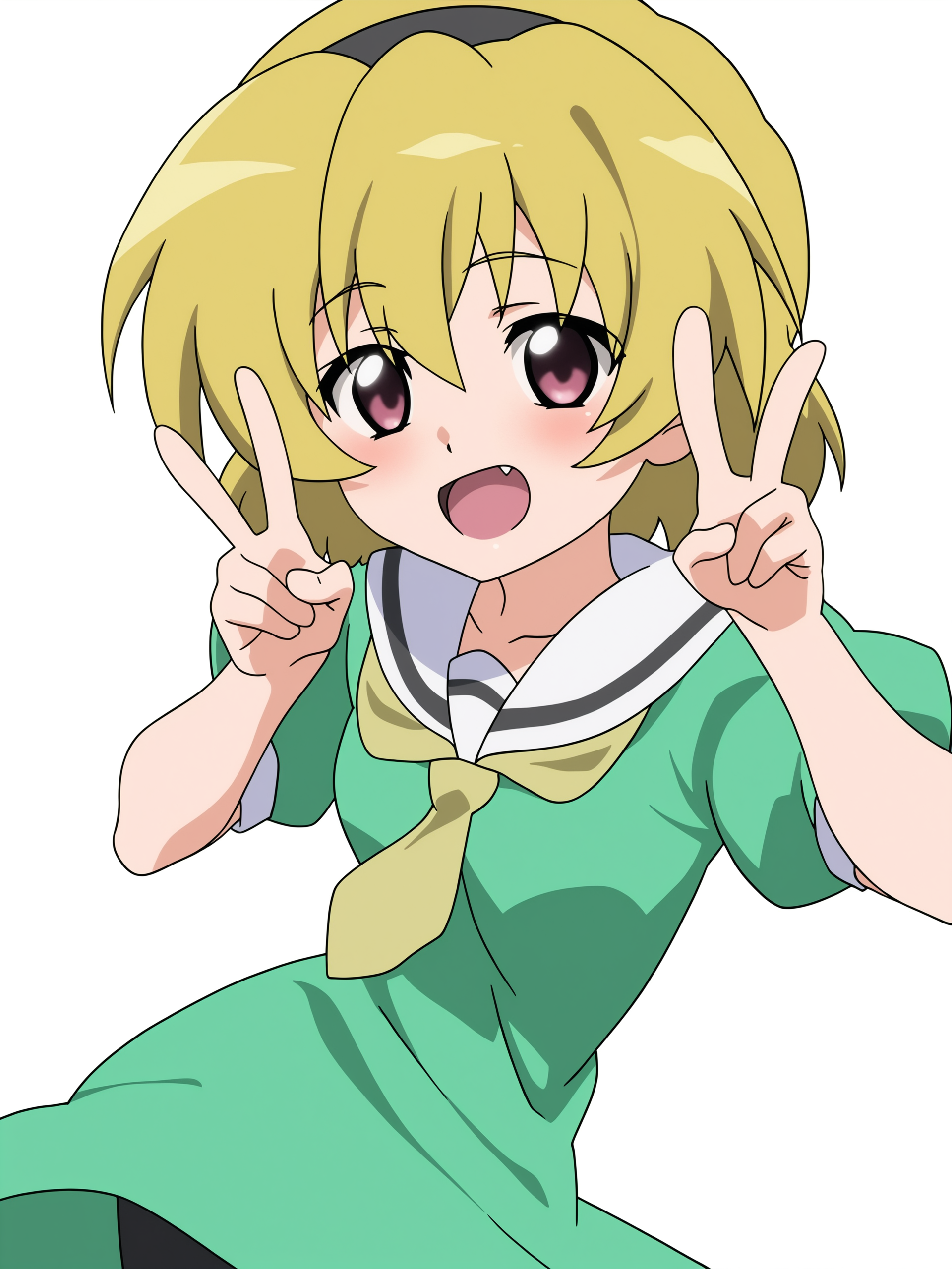 higurashikira, anime screencap, anime coloring, 1girl, houjou satoko, petite, solo, (small breasts, breasts), blonde hair, short hair, hairband, ((simple background, white background)), pantyhose, sailor dress, green sailor dress, green dress, yellow necktie, school uniform, dress, smile, happy, open mouth, blush, fang, upper body, looking at viewer, double v, 
(masterpiece, best quality, absurdres, highres, newest, very awa, year 2024:1.2),  