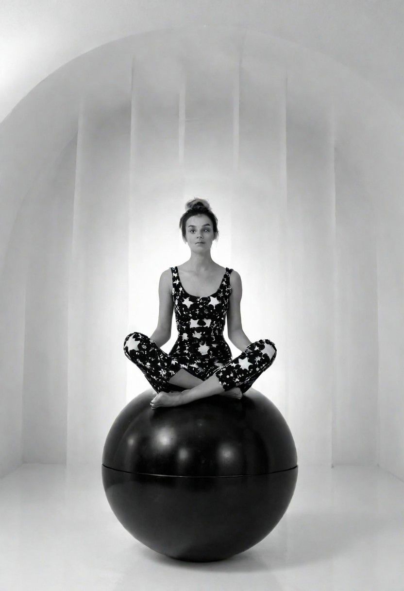 ziprealism, 1woman, woman sitting on a sphere, black and white photo