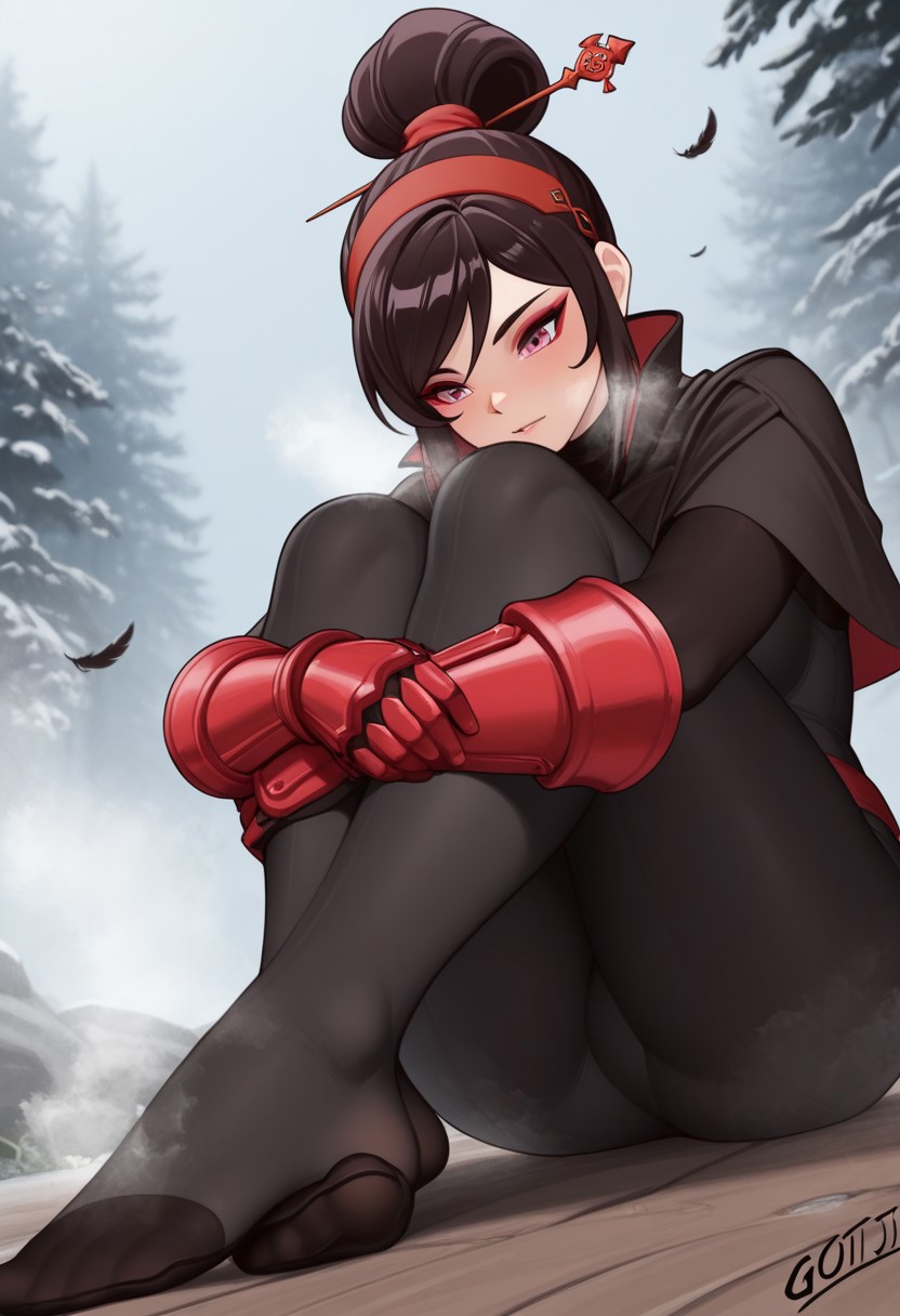 gojich, outdoors, undershirt, falling feathers, black bodysuit, hair stick, hugging own legs, , gauntlets,   eyeshadow,   red gloves,  high ponytail,  , black capelet, red hairband, pink eyes, 1girl, solo, feet, visible breath,   dynamic angle, foreshortening, smell, steam,
