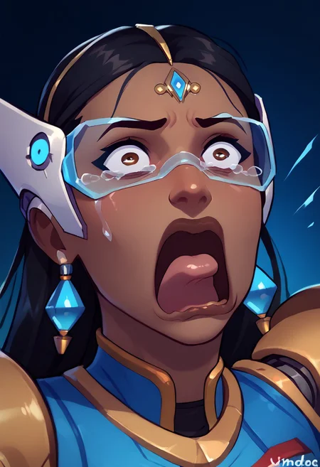 score_9, score_8_up, score_7_up, score_6_up, symow-dh, shocked, aquascreaming, screaming, open mouth, crying with eyes open, dark-skinned female, black hair, long hair, forehead jewel, single mechanical arm, tinted eyewear, headgear, lips, earrings, brown eyes, makeup, nose, blue dress, science fiction <lora:Symmetra_Overwatch_Classic_outfit_PDXL:0.8> <lora:concept_aquascreaming_ponyXL:1>